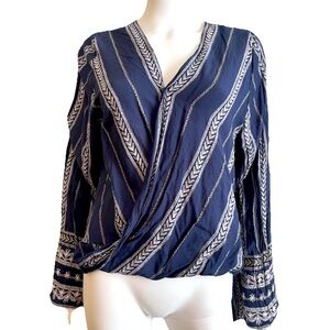 Elan Bohemian Faux Wrap Blouse Top Tunic Navy Blue High Low Women’s Sz M INDIA